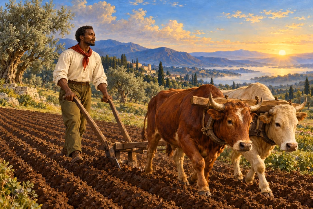 A farmer guides an ox-drawn plough while looking ahead toward a bright dawn.