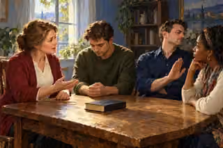 A woman in a crimson cardigan speaks with an open hand at a wooden table, beside a humbled young man, while another man turns away with a dismissive palm and a woman listens.