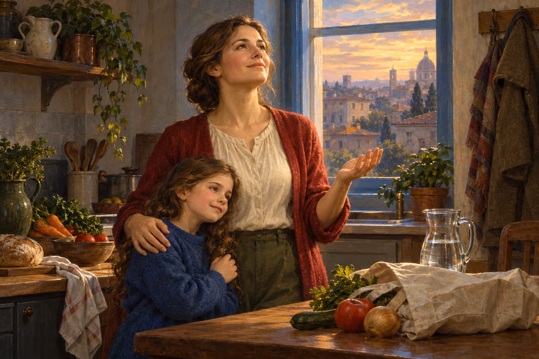 A mother embraces her daughter in a modest kitchen while opening a palm in thankful prayer, with ordinary provisions and warm light around them.