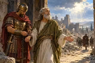An armored captain unlocks the chain on the elderly prophet Jeremiah's wrist at a ruined city gate as Jeremiah opens his free hand toward the bright road.