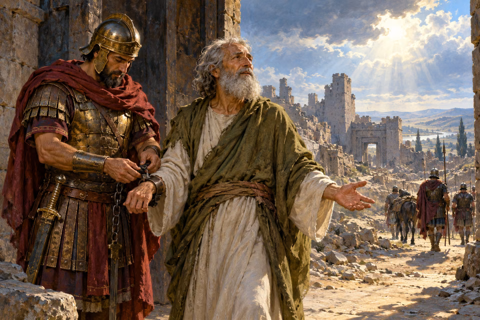 An armored captain unlocks the chain on the elderly prophet Jeremiah's wrist at a ruined city gate as Jeremiah opens his free hand toward the bright road.