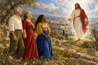 Three clothed people stand among flowers and plain grave stones on an olive hillside, greeting Christ as he approaches in soft heavenly light above Jerusalem.