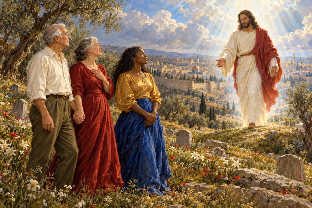 Three clothed people stand among flowers and plain grave stones on an olive hillside, greeting Christ as he approaches in soft heavenly light above Jerusalem.