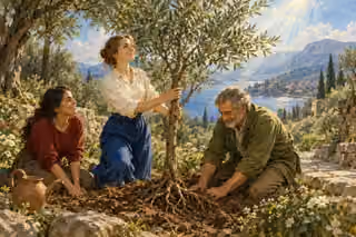 Three people plant an olive tree with exposed roots in an orchard overlooking a luminous valley.