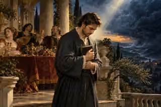 A bowed man holds a closed Bible against his chest beside a richly dressed banquet group, with a beam of light breaking through storm clouds over the valley.