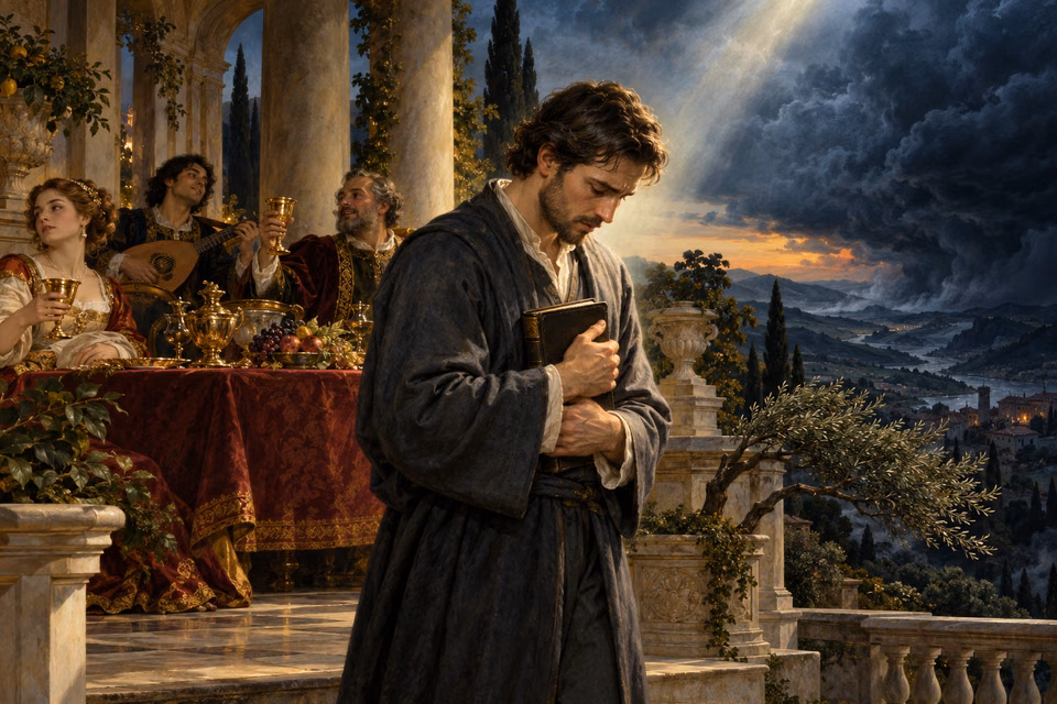 A bowed man holds a closed Bible against his chest beside a richly dressed banquet group, with a beam of light breaking through storm clouds over the valley.