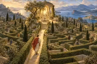 A pilgrim follows a clear path through a sprawling garden labyrinth toward a quiet, luminous refuge.