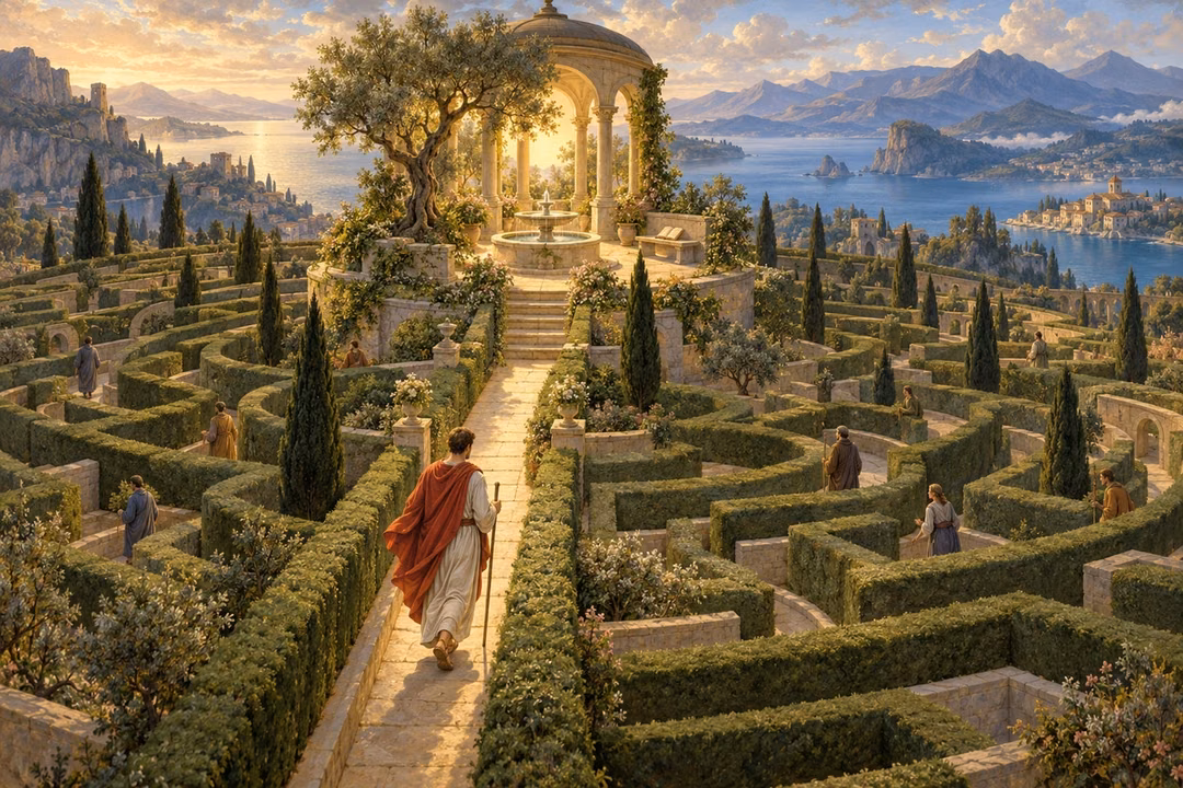 A pilgrim follows a clear path through a sprawling garden labyrinth toward a quiet, luminous refuge.