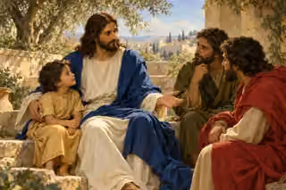 Jesus sits beside a trusting child and teaches two attentive disciples in a sunlit ancient garden courtyard.