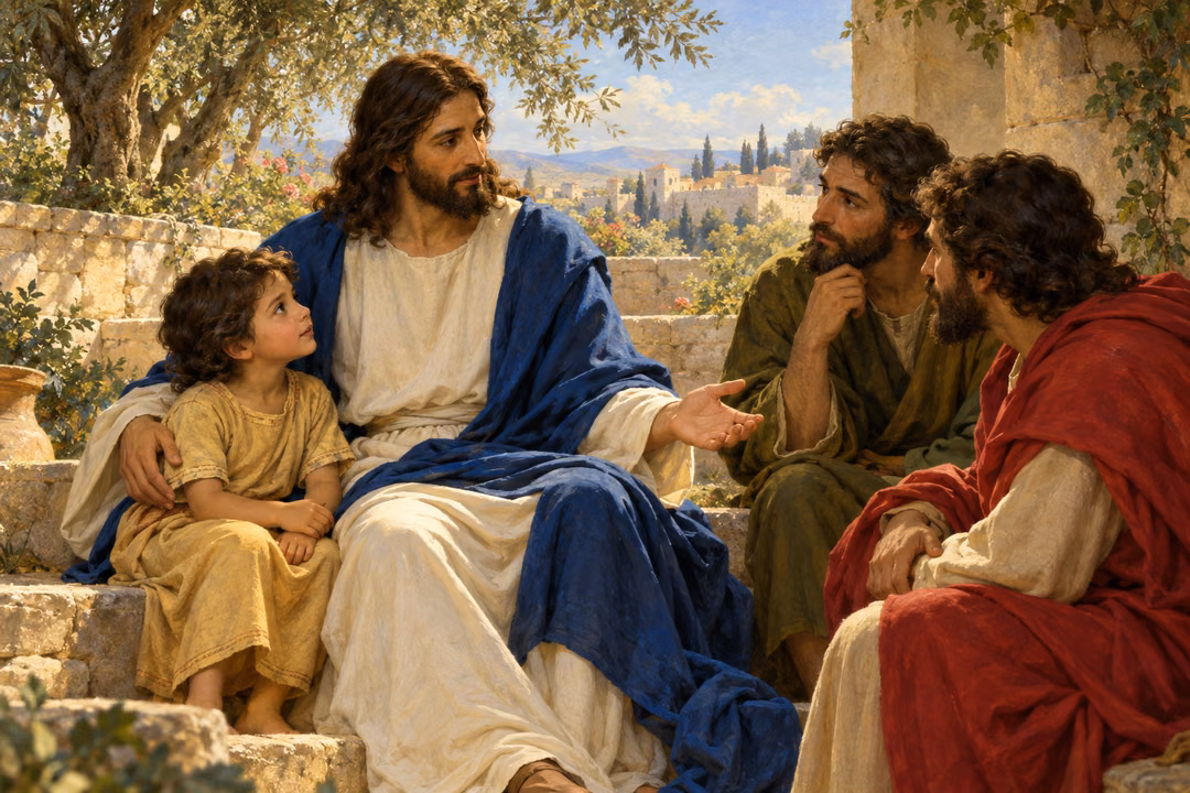 Jesus sits beside a trusting child and teaches two attentive disciples in a sunlit ancient garden courtyard.