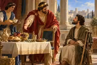 King David welcomes Mephibosheth to his table with bread and an offered chair.