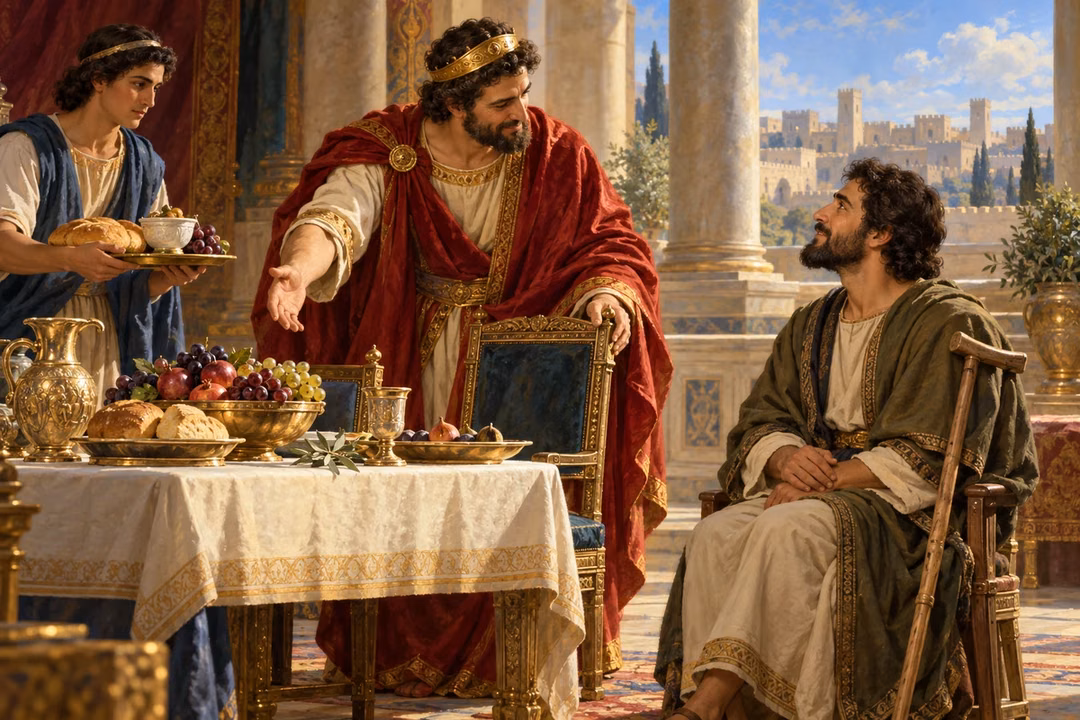 King David welcomes Mephibosheth to his table with bread and an offered chair.
