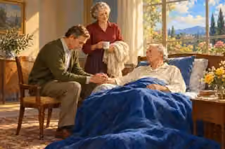 A caring visitor holds a recovering elderly man's hand in prayer while his wife stands nearby with a cup and blanket.