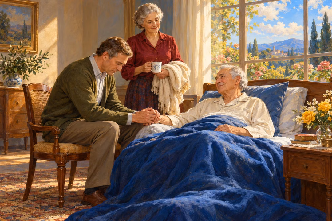 A caring visitor holds a recovering elderly man's hand in prayer while his wife stands nearby with a cup and blanket.