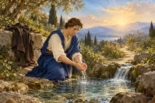 A man kneels beside a clear garden spring in pearl dawn light, an allegory of a cleansed conscience and daily faith.