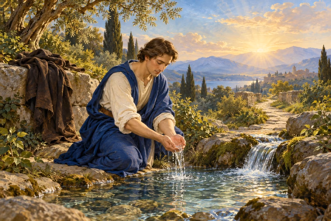 A man kneels beside a clear garden spring in pearl dawn light, an allegory of a cleansed conscience and daily faith.