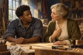 A young carpenter listens carefully to an older woman’s heartfelt counsel across a wooden workbench.