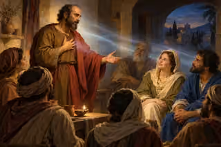 Paul teaches attentive listeners in a humble ancient home at dusk, with one hand at his heart and the other extended in welcome.