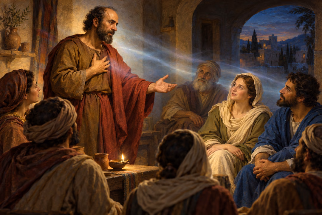 Paul teaches attentive listeners in a humble ancient home at dusk, with one hand at his heart and the other extended in welcome.