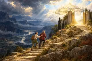 Two travelers encourage one another on a narrow stair toward a luminous mountain city, symbolizing steadfast hope and obedience.