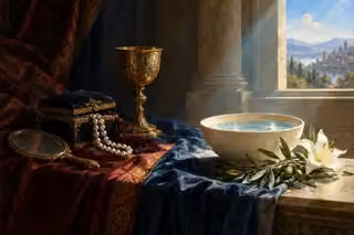 A luminous bowl of clear water, white lily, and olive branch stand beside shadowed jewels and a gilded cup.