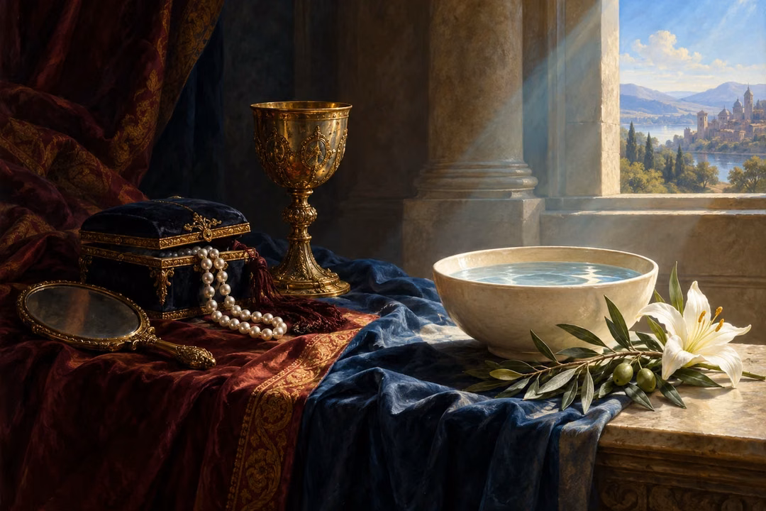 A luminous bowl of clear water, white lily, and olive branch stand beside shadowed jewels and a gilded cup.