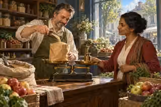 A cheerful grocer carefully weighs a bag of grain on a brass balance while a customer watches across a counter of fresh produce.