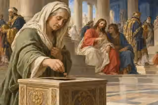 A poor widow places two copper coins into the temple treasury while Jesus quietly honors her gift.
