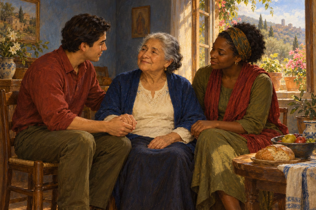Two neighbors visit an elderly widow, bringing companionship and warmth to her quiet home.