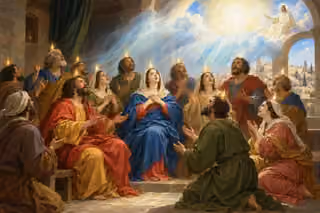 The Pentecost gathering receives luminous Spirit renewal beneath Christ seated beside nonfigurative heavenly light.