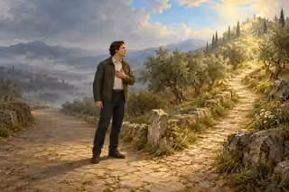 A thoughtful man chooses a sunlit narrow path through an olive grove.