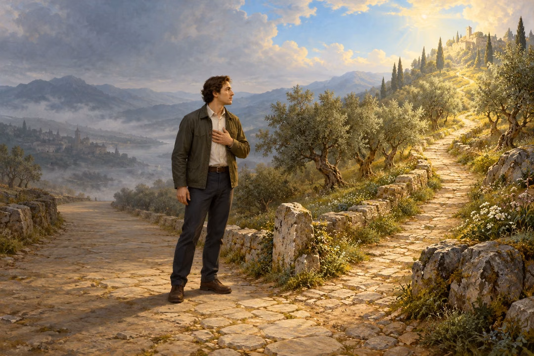 A thoughtful man chooses a sunlit narrow path through an olive grove.