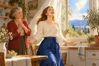 A young woman opens her hands in joyful prayer beside an older woman in a bright kitchen, with a white dove and sunlight beyond the window.