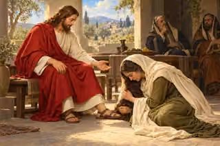 Jesus welcomes a modestly dressed repentant woman at his feet as two guarded religious leaders watch from the shadowed courtyard.