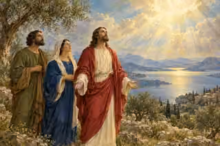 Oil painting of Jesus in ivory and crimson standing with a fully clothed man and woman on an olive hillside overlooking a lake; all look toward radiant gold and pearl-blue light in the sky.