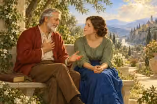 An older man shares a heartfelt testimony with a worried young woman on a garden bench, offering peace and renewed hope.