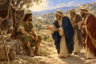 The elders of Gilead approach Jephthah with humble open hands at his camp outside a hill village.
