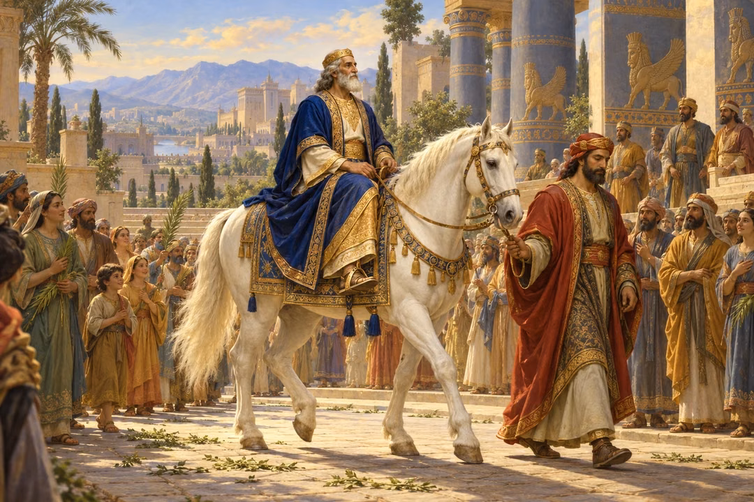 Mordecai rides the king's white horse through a Persian street as a noble leads him and townspeople watch.