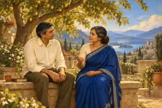 A South Asian listener offers calm attention to a woman beneath a fruit tree in soft morning light.