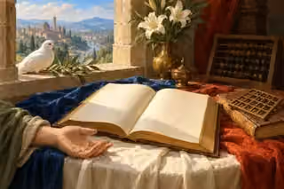 An open sacred book receives daylight while an abacus and brass lattice are set aside beside a dove at the window.