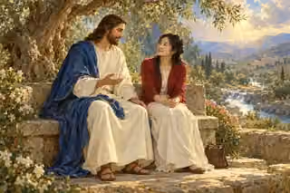 Jesus offers reassurance to an East Asian woman seated beside him in an olive garden.
