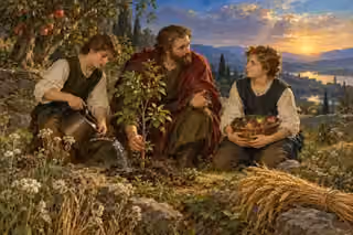 A father teaches his sons while they tend a sapling and gather fruit, showing wisdom through good works.