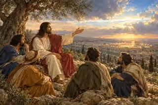 Jesus teaches four disciples beneath an olive tree as radiant clouds open over Jerusalem.