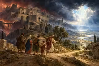 Travelers choose a sunlit valley path beneath storm clouds beside a towering ancient city.
