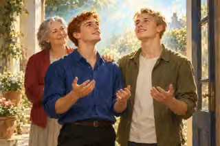 Two young men in blue and olive shirts pray with open hands in a sunlit doorway, with a smiling older woman behind them.