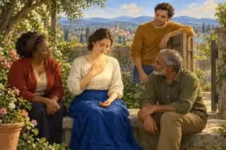 A Raphael-inspired painting of a contemporary woman seated in a flowering garden, one hand over her heart and the other open in her lap, warmly accompanied by three adults near an open wooden gate.