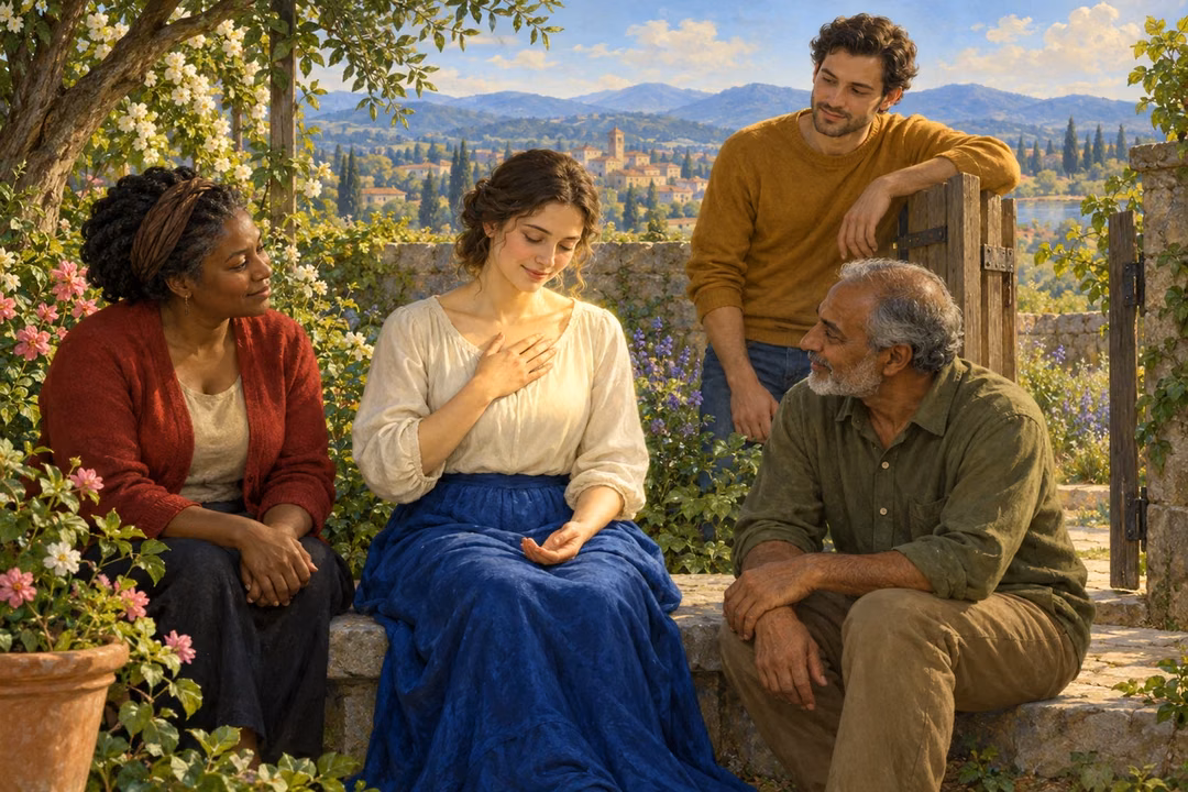 A Raphael-inspired painting of a contemporary woman seated in a flowering garden, one hand over her heart and the other open in her lap, warmly accompanied by three adults near an open wooden gate.