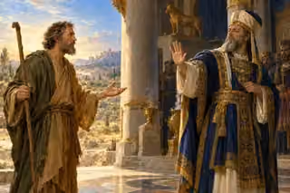 Amos speaks soberly at Bethel while the richly dressed priest Amaziah raises a dismissive hand.