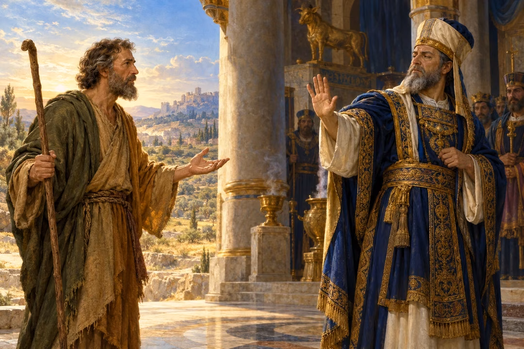 Amos speaks soberly at Bethel while the richly dressed priest Amaziah raises a dismissive hand.