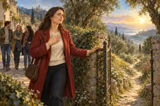 A woman in a crimson coat stands at a narrow garden gate with her hand over her heart, facing a sunlit hillside path.